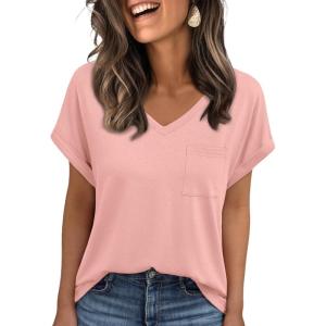imageAUTOMET Womens Tops Short Sleeve V Neck Shirts with Chest Pockets Loose Casual Basic Tees Summer Clothes Outfits 2025Pink