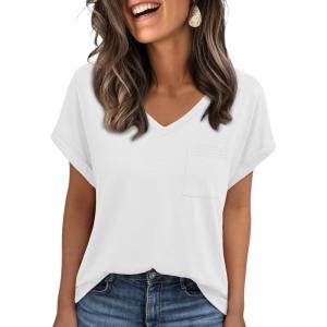 imageAUTOMET Womens Tops Short Sleeve V Neck Shirts with Chest Pockets Loose Casual Basic Tees Summer Clothes Outfits 2025White