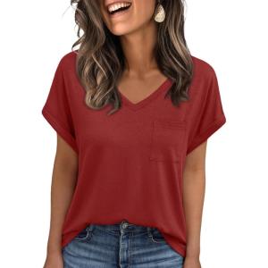imageAUTOMET Womens Tops Short Sleeve V Neck Shirts with Chest Pockets Loose Casual Basic Tees Summer Clothes Outfits 2025Winered