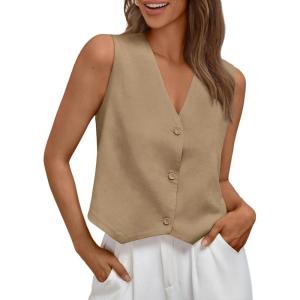 imageAUTOMET Vest for Women Summer Tops Spring Outfits Linen 2025 Fashion Button Down Sleeveless Business Casual Dressy ClothesKhaki