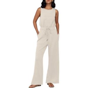 imageAUTOMET Womens Jumpsuits Dressy Summer Outfits Casual Sleeveless Wide Leg Long Pants Rompers Fashion ClothesBeige