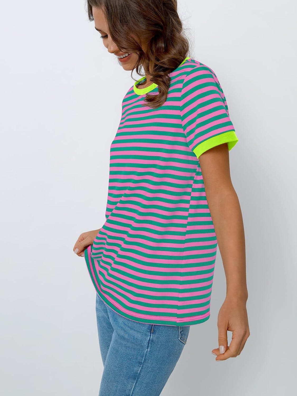 imageAUTOMET T Shirts for Women Striped Crewneck Casual Basic Summer Tops Short Sleeve Color Block Loose Tee ShirtsPink Green