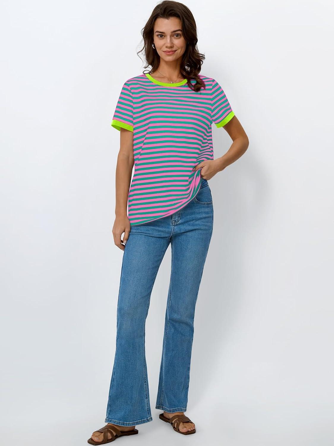 imageAUTOMET T Shirts for Women Striped Crewneck Casual Basic Summer Tops Short Sleeve Color Block Loose Tee ShirtsPink Green