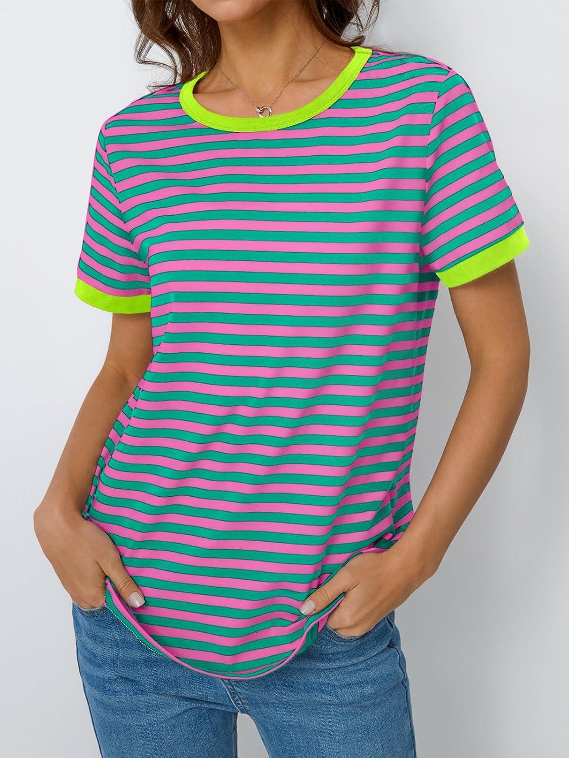 imageAUTOMET T Shirts for Women Striped Crewneck Casual Basic Summer Tops Short Sleeve Color Block Loose Tee ShirtsPink Green