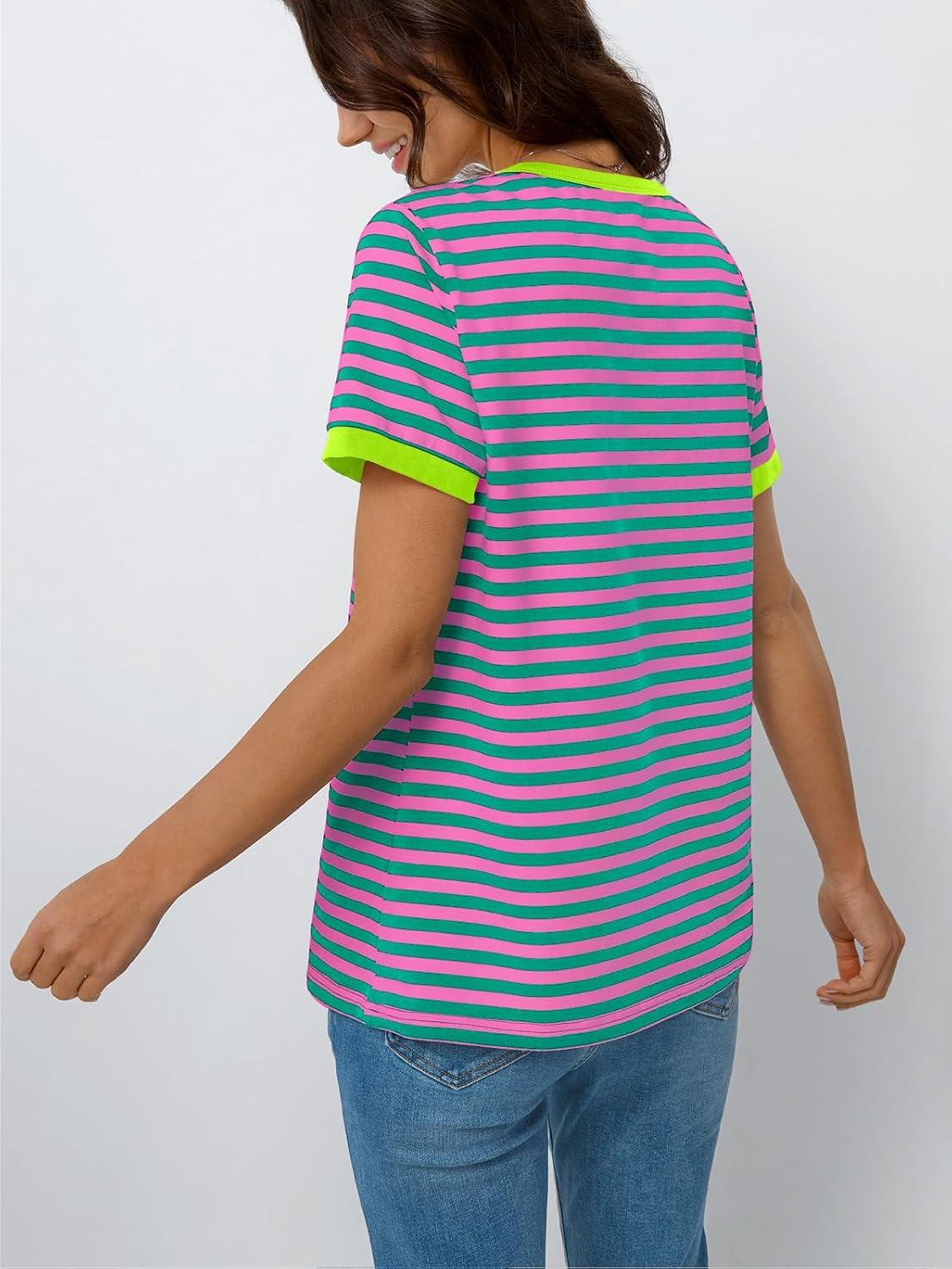 imageAUTOMET T Shirts for Women Striped Crewneck Casual Basic Summer Tops Short Sleeve Color Block Loose Tee ShirtsPink Green