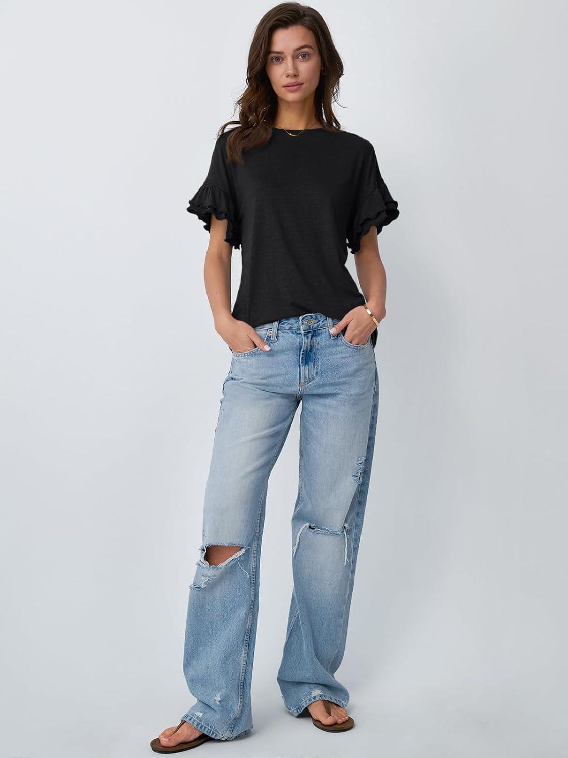 imageAUTOMET Womens Ruffle Short Sleeve Shirts Dressy Casual 2025 Summer Crewneck Cute Tops Trendy Outfits Fashion ClothesBlack