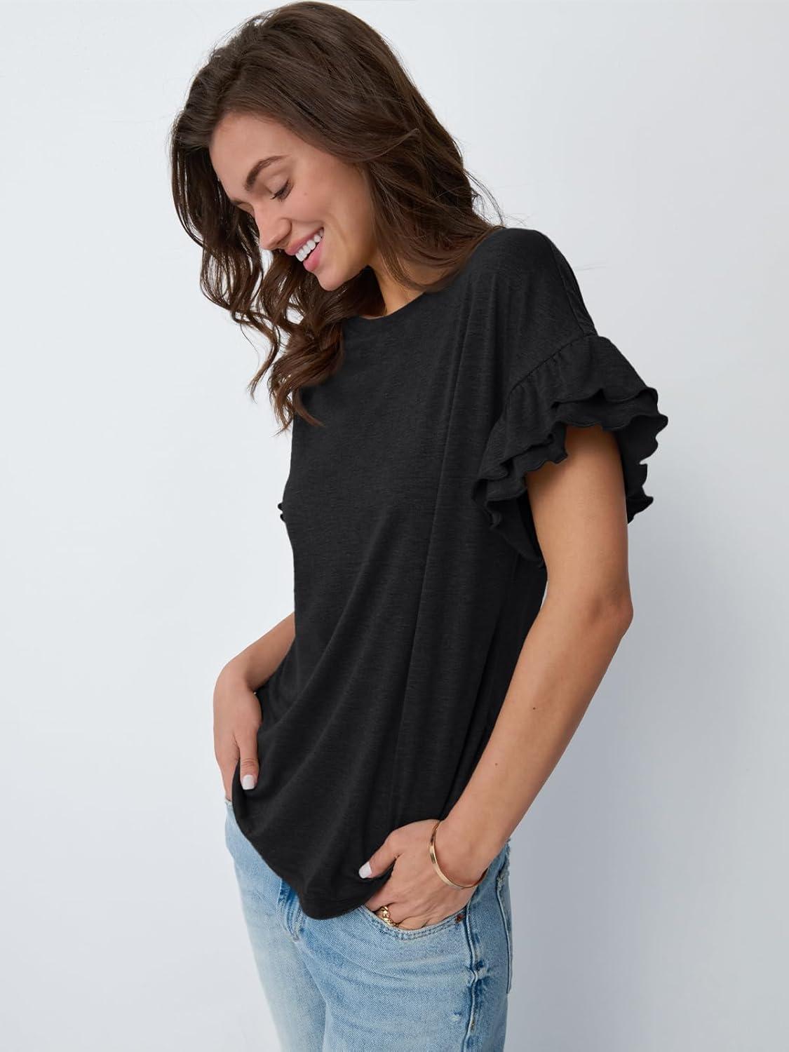 imageAUTOMET Womens Ruffle Short Sleeve Shirts Dressy Casual 2025 Summer Crewneck Cute Tops Trendy Outfits Fashion ClothesBlack