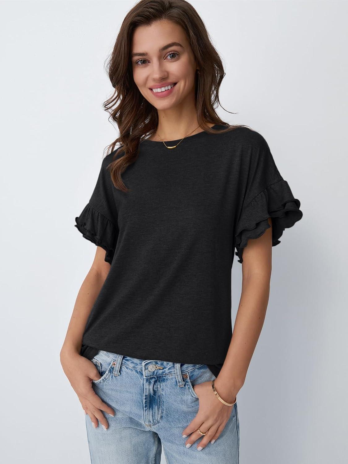 imageAUTOMET Womens Ruffle Short Sleeve Shirts Dressy Casual 2025 Summer Crewneck Cute Tops Trendy Outfits Fashion ClothesBlack