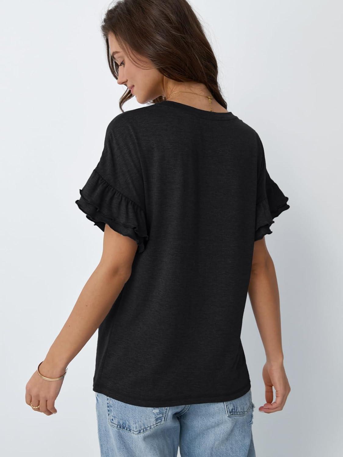 imageAUTOMET Womens Ruffle Short Sleeve Shirts Dressy Casual 2025 Summer Crewneck Cute Tops Trendy Outfits Fashion ClothesBlack