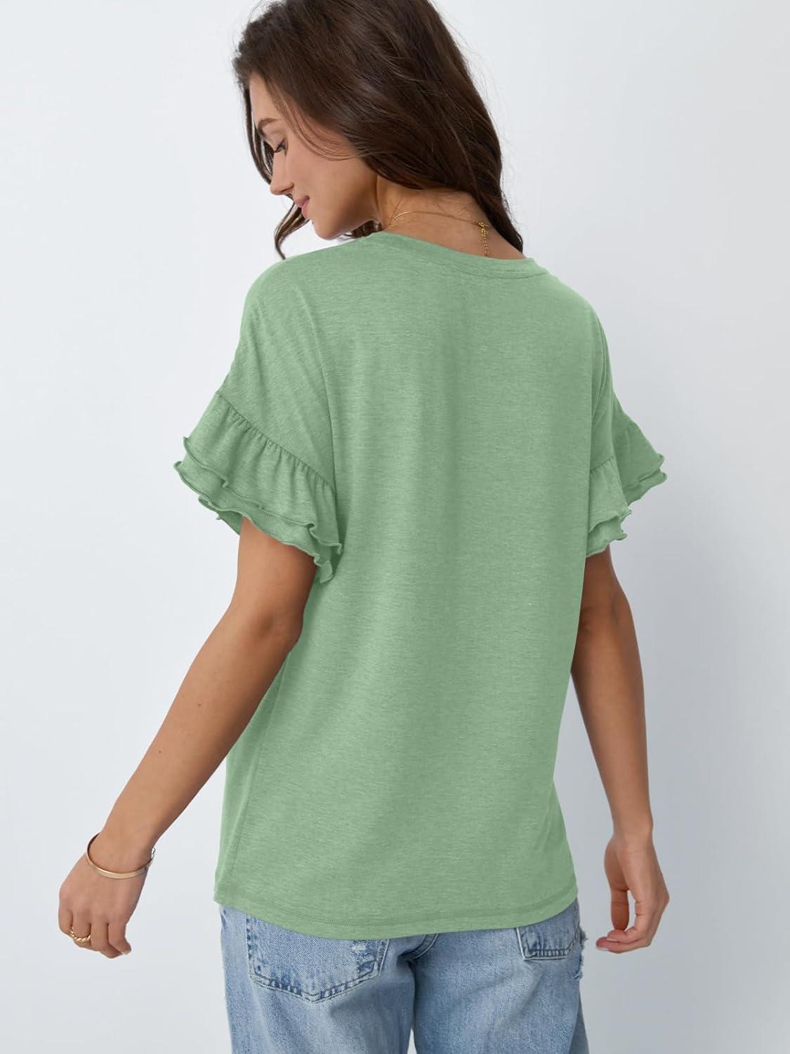 imageAUTOMET Womens Ruffle Short Sleeve Shirts Dressy Casual 2025 Summer Crewneck Cute Tops Trendy Outfits Fashion ClothesGreen
