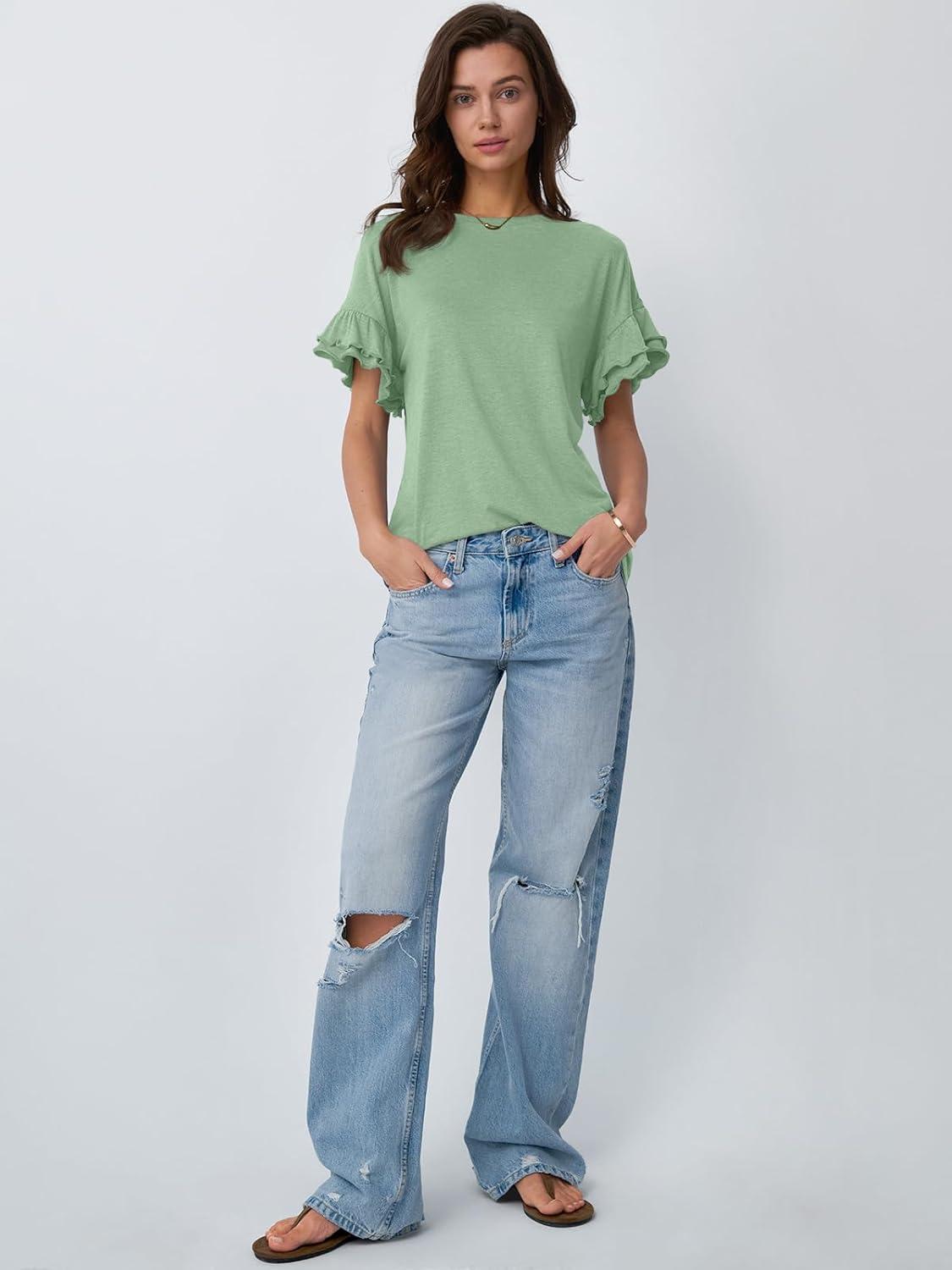 imageAUTOMET Womens Ruffle Short Sleeve Shirts Dressy Casual 2025 Summer Crewneck Cute Tops Trendy Outfits Fashion ClothesGreen