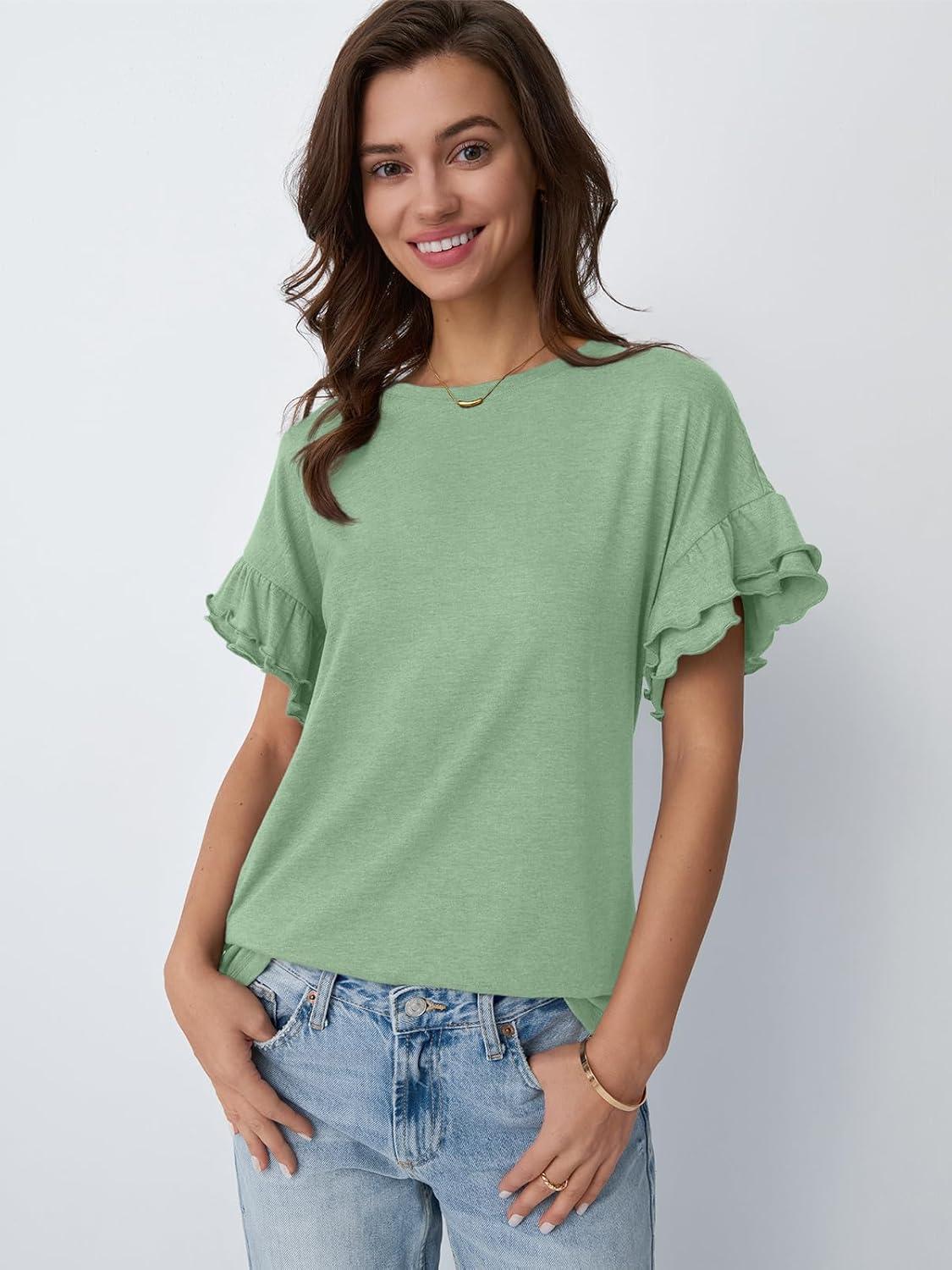 imageAUTOMET Womens Ruffle Short Sleeve Shirts Dressy Casual 2025 Summer Crewneck Cute Tops Trendy Outfits Fashion ClothesGreen