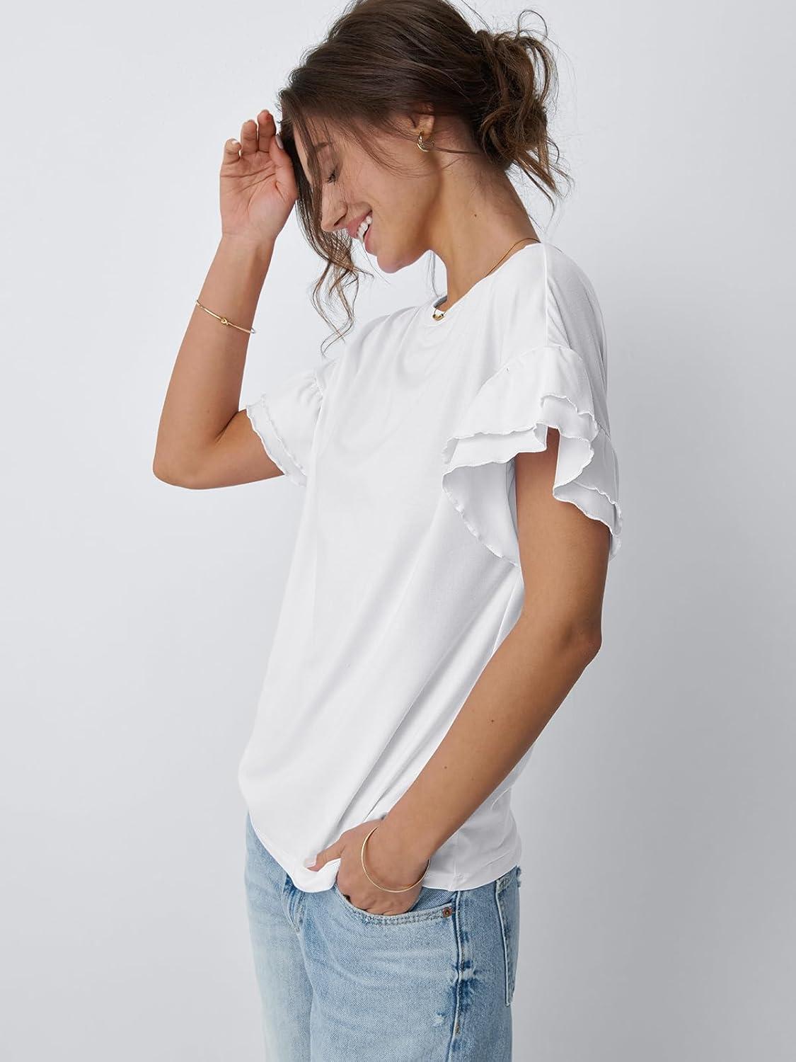 imageAUTOMET Womens Ruffle Short Sleeve Shirts Dressy Casual 2025 Summer Crewneck Cute Tops Trendy Outfits Fashion ClothesWhite