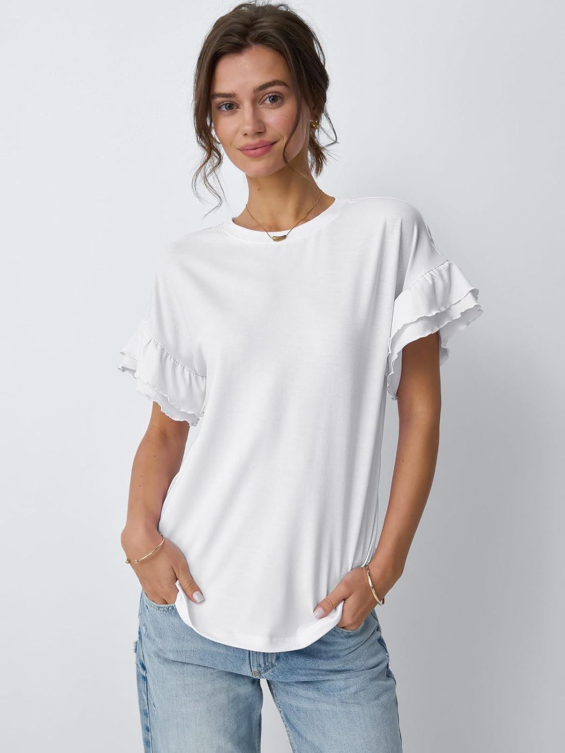 imageAUTOMET Womens Ruffle Short Sleeve Shirts Dressy Casual 2025 Summer Crewneck Cute Tops Trendy Outfits Fashion ClothesWhite