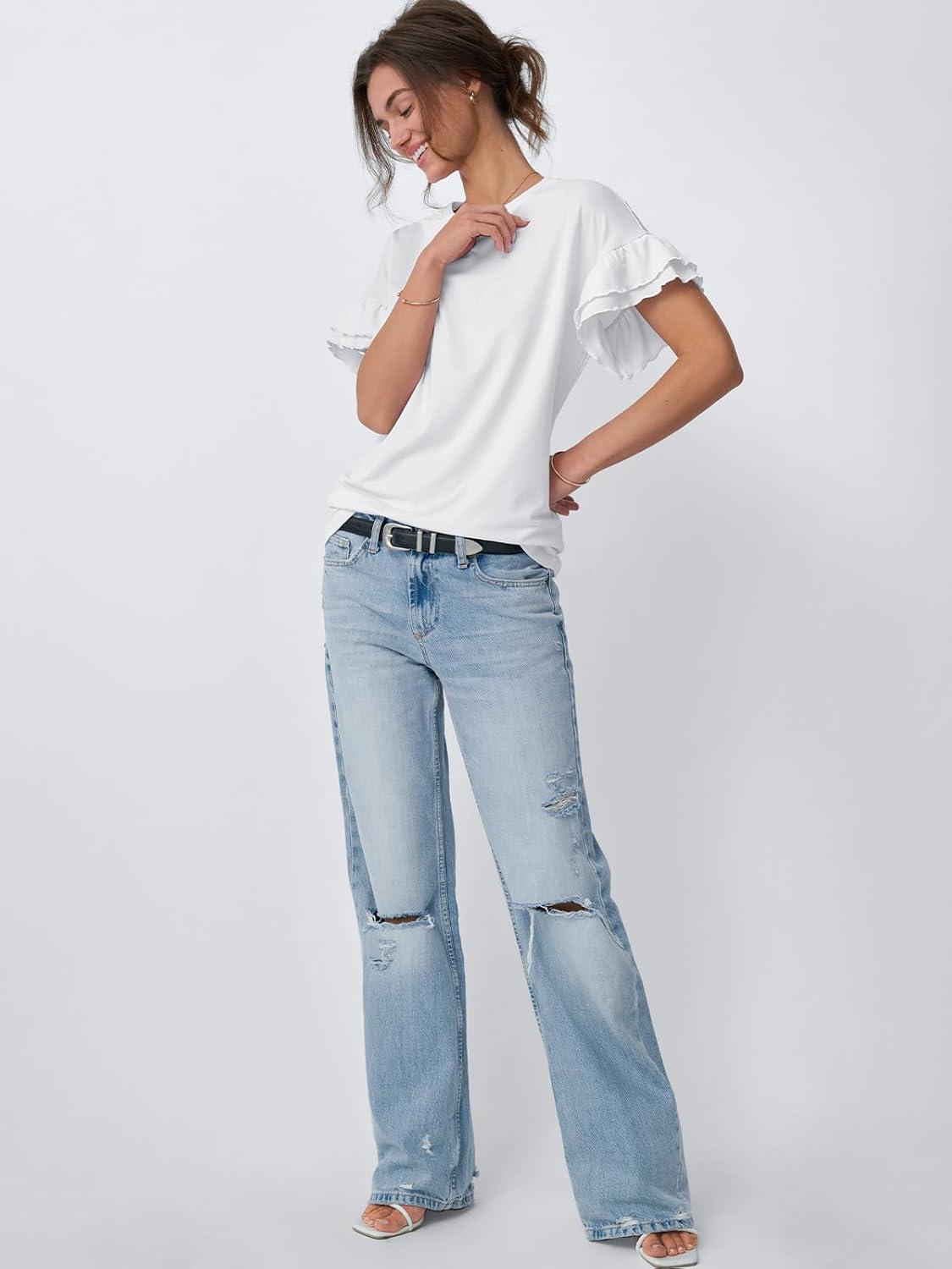 imageAUTOMET Womens Ruffle Short Sleeve Shirts Dressy Casual 2025 Summer Crewneck Cute Tops Trendy Outfits Fashion ClothesWhite