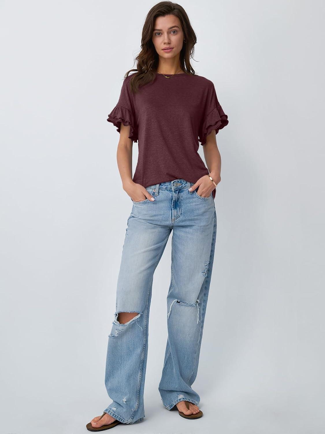imageAUTOMET Womens Ruffle Short Sleeve Shirts Dressy Casual 2025 Summer Crewneck Cute Tops Trendy Outfits Fashion ClothesWine Red