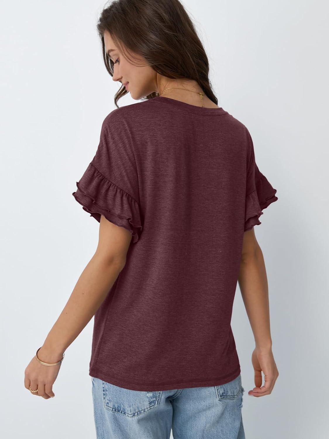 imageAUTOMET Womens Ruffle Short Sleeve Shirts Dressy Casual 2025 Summer Crewneck Cute Tops Trendy Outfits Fashion ClothesWine Red