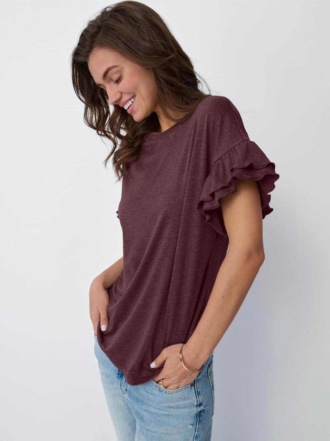 imageAUTOMET Womens Ruffle Short Sleeve Shirts Dressy Casual 2025 Summer Crewneck Cute Tops Trendy Outfits Fashion ClothesWine Red