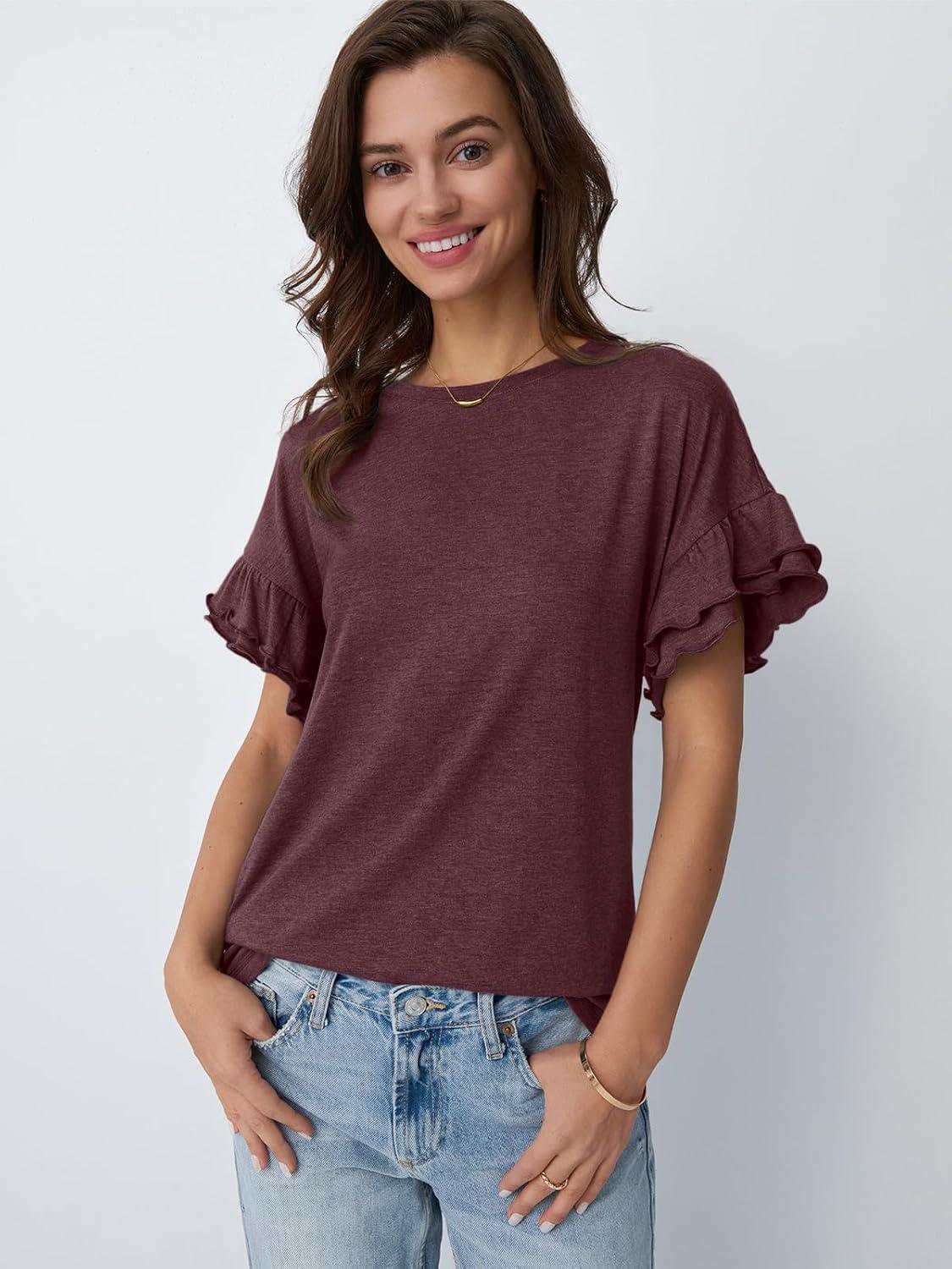 imageAUTOMET Womens Ruffle Short Sleeve Shirts Dressy Casual 2025 Summer Crewneck Cute Tops Trendy Outfits Fashion ClothesWine Red
