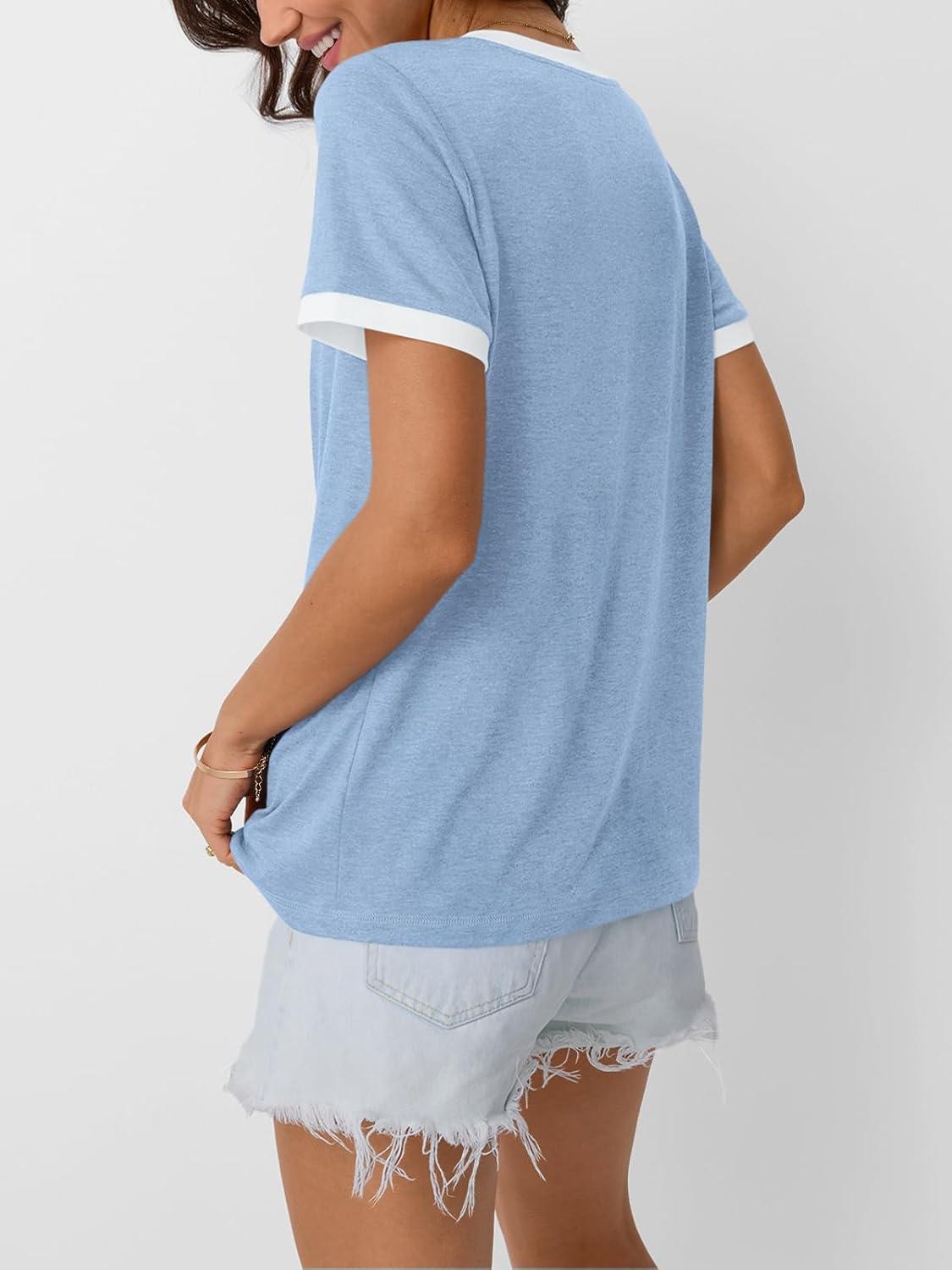 imageAUTOMET Womens Short Sleeve TShirts Summer Tops Casual Soft Tunic V Neck Basic Workout Clothes Spring Fashion Outfits 2025Blue