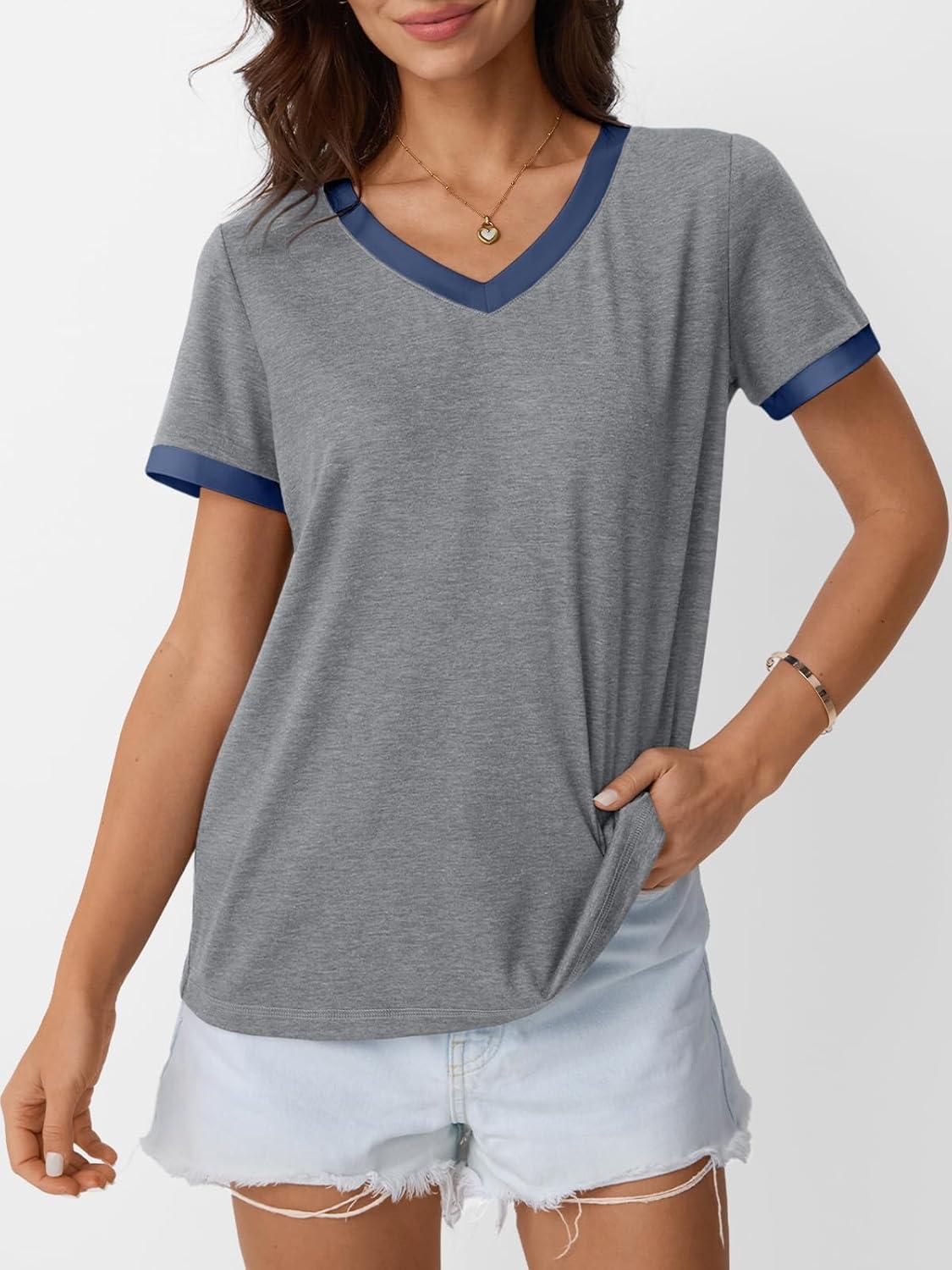 imageAUTOMET Womens Short Sleeve TShirts Summer Tops Casual Soft Tunic V Neck Basic Workout Clothes Spring Fashion Outfits 2025Bluegrey