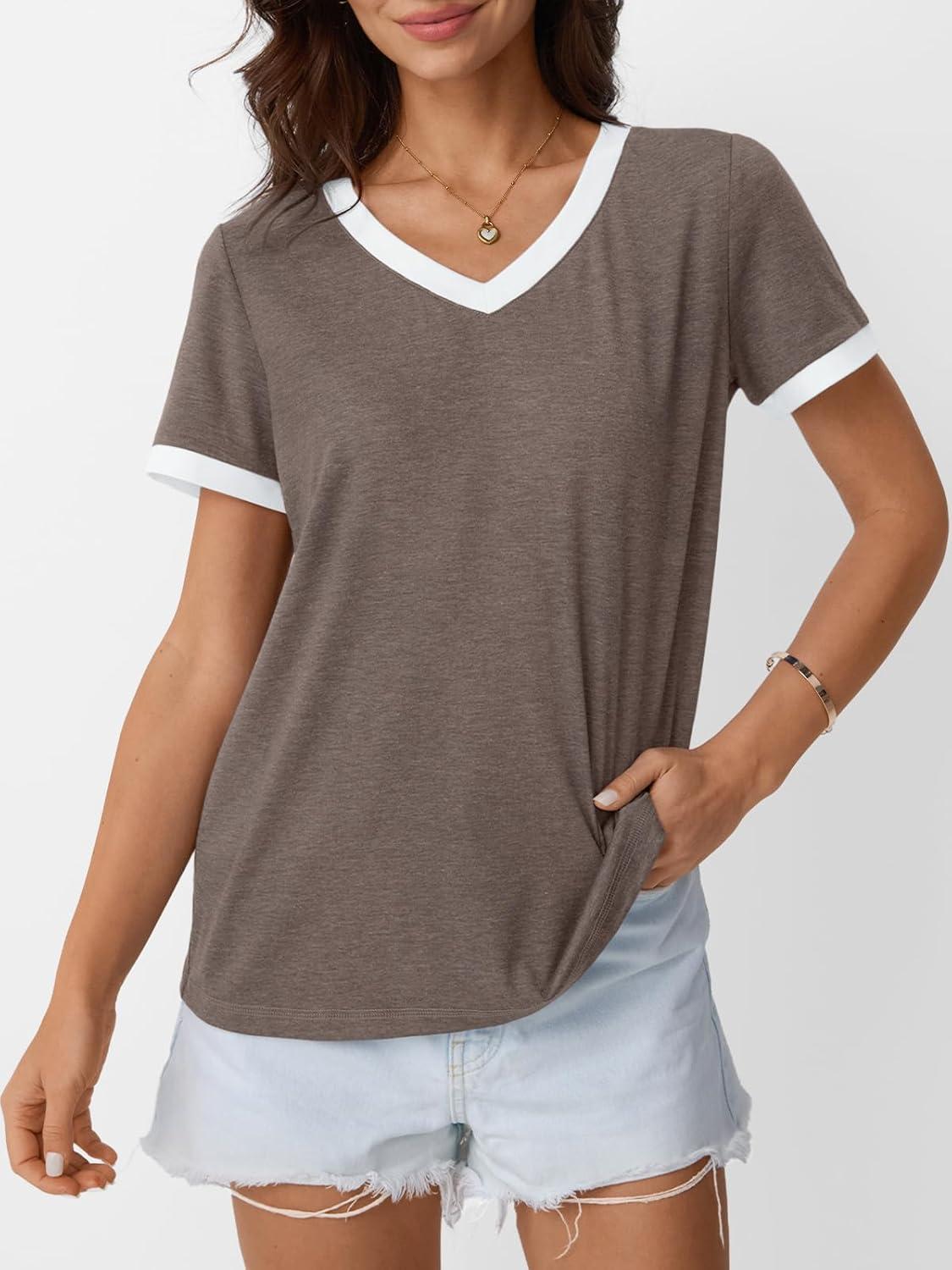imageAUTOMET Womens Short Sleeve TShirts Summer Tops Casual Soft Tunic V Neck Basic Workout Clothes Spring Fashion Outfits 2025Coffee