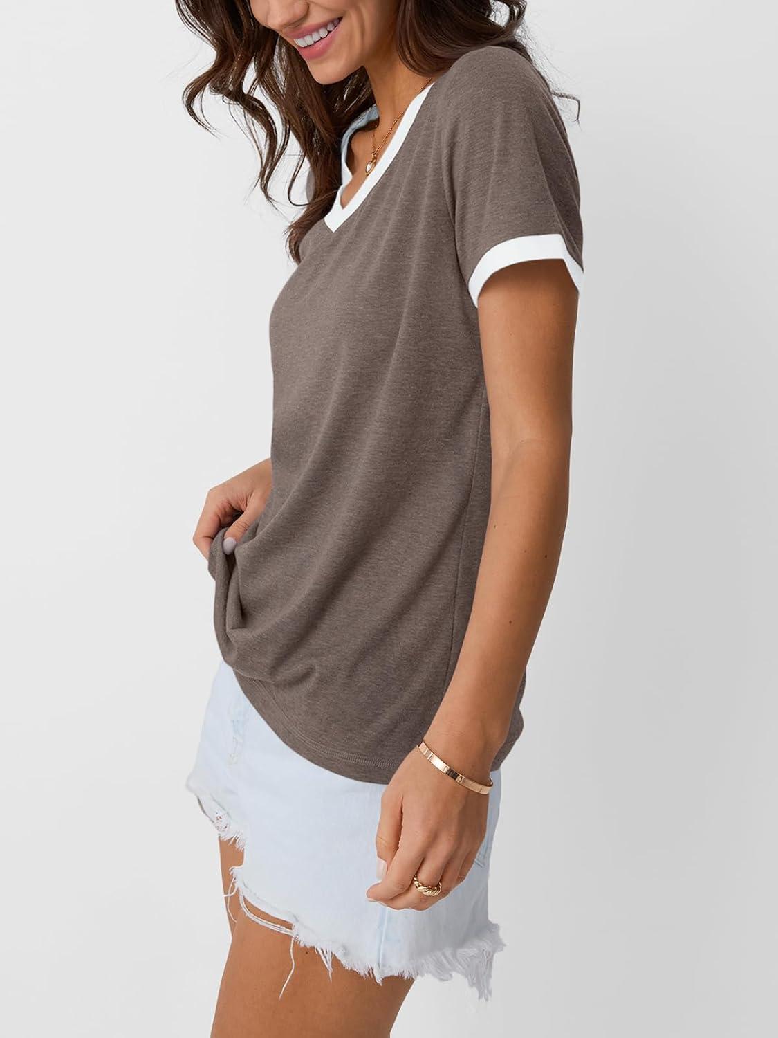 imageAUTOMET Womens Short Sleeve TShirts Summer Tops Casual Soft Tunic V Neck Basic Workout Clothes Spring Fashion Outfits 2025Coffee