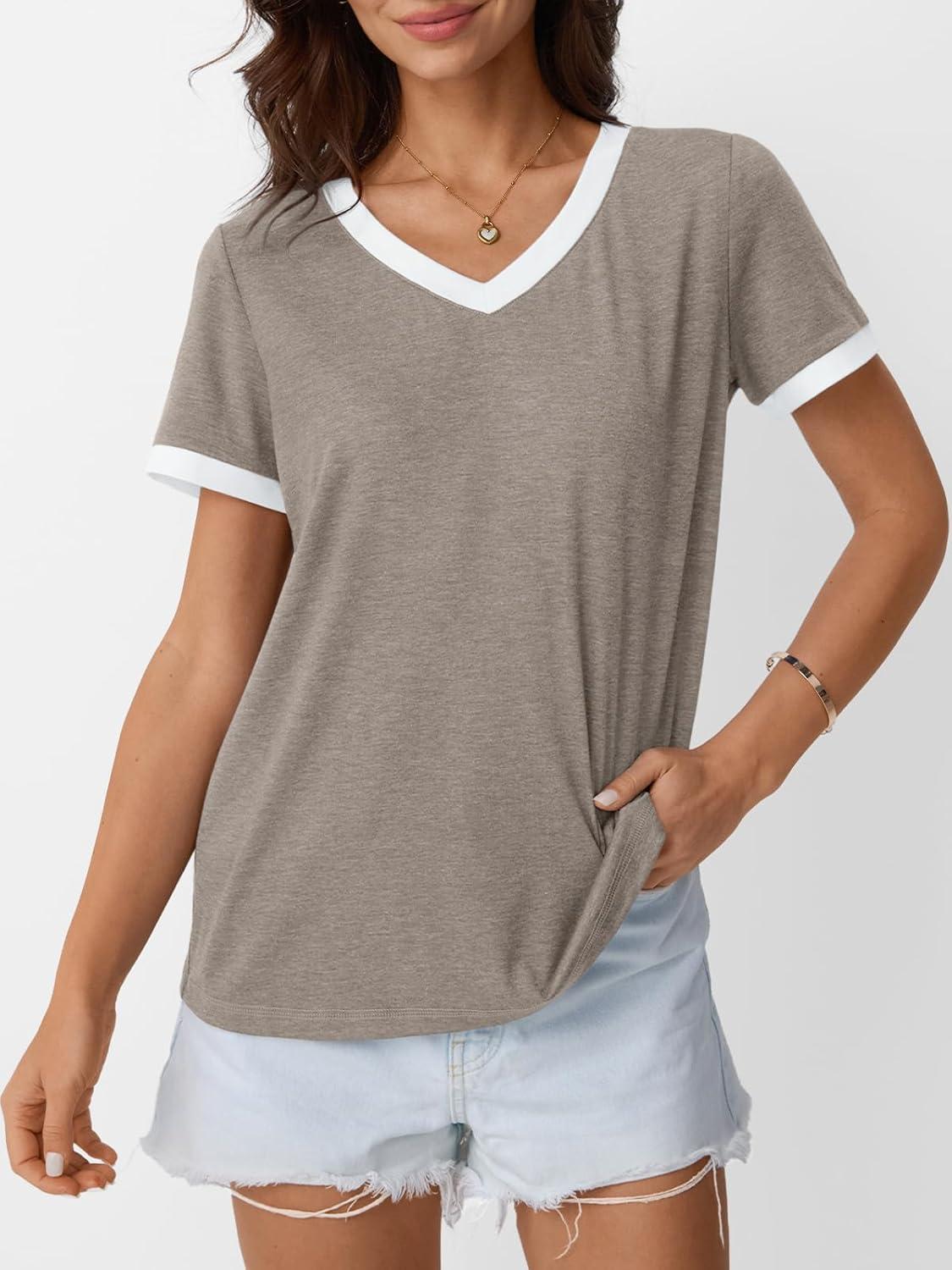 imageAUTOMET Womens Short Sleeve TShirts Summer Tops Casual Soft Tunic V Neck Basic Workout Clothes Spring Fashion Outfits 2025Coffeegrey