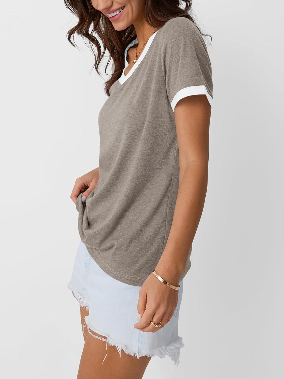 imageAUTOMET Womens Short Sleeve TShirts Summer Tops Casual Soft Tunic V Neck Basic Workout Clothes Spring Fashion Outfits 2025Coffeegrey