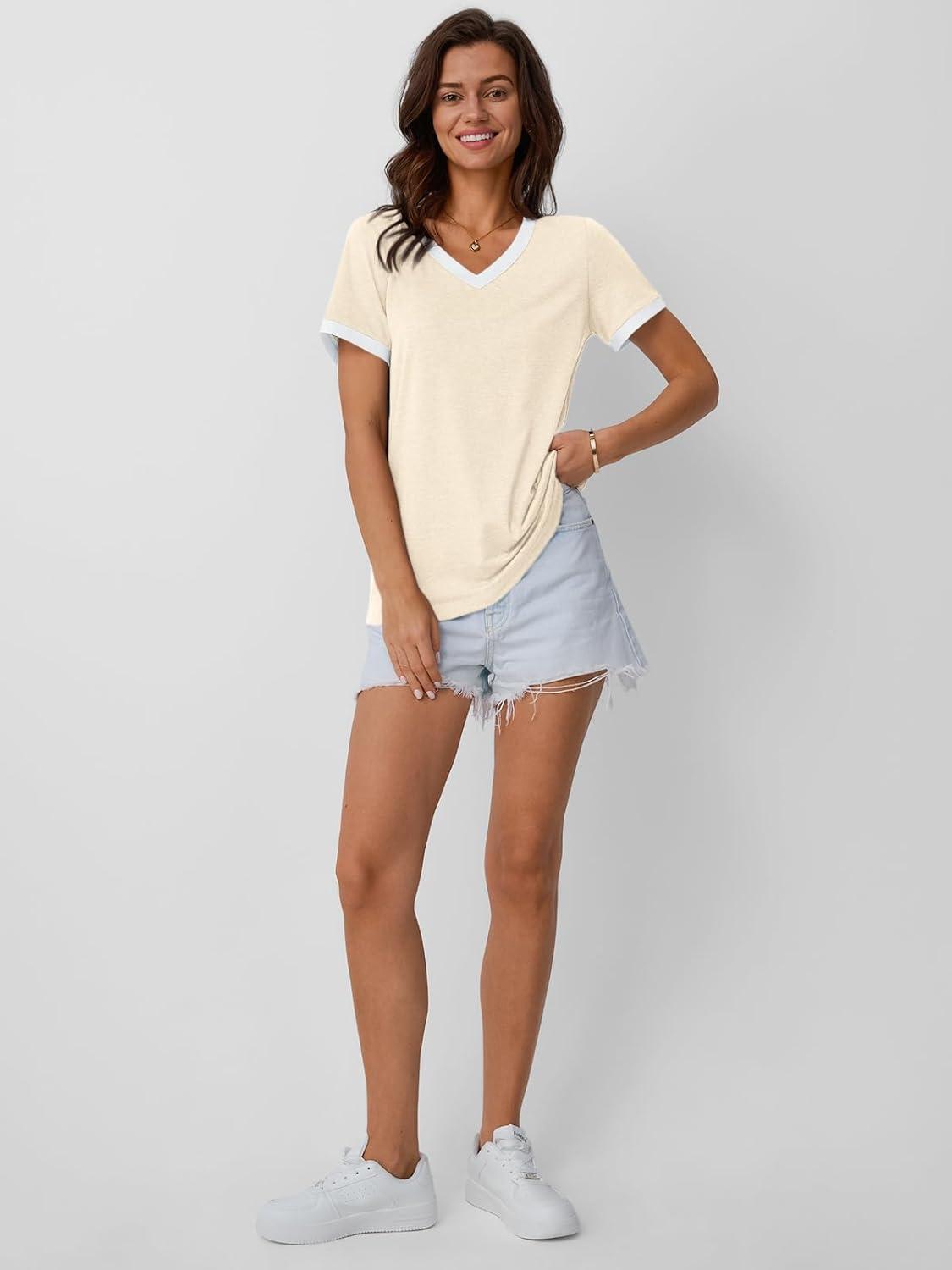 imageAUTOMET Womens Short Sleeve TShirts Summer Tops Casual Soft Tunic V Neck Basic Workout Clothes Spring Fashion Outfits 2025Cream