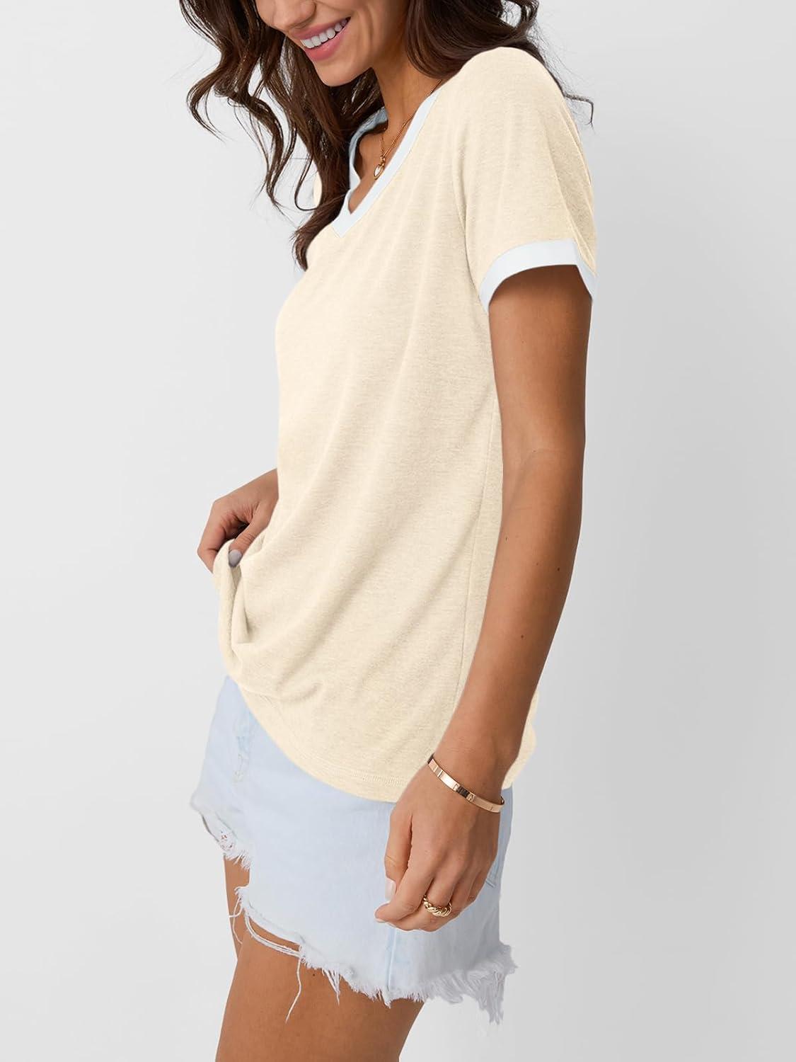 imageAUTOMET Womens Short Sleeve TShirts Summer Tops Casual Soft Tunic V Neck Basic Workout Clothes Spring Fashion Outfits 2025Cream