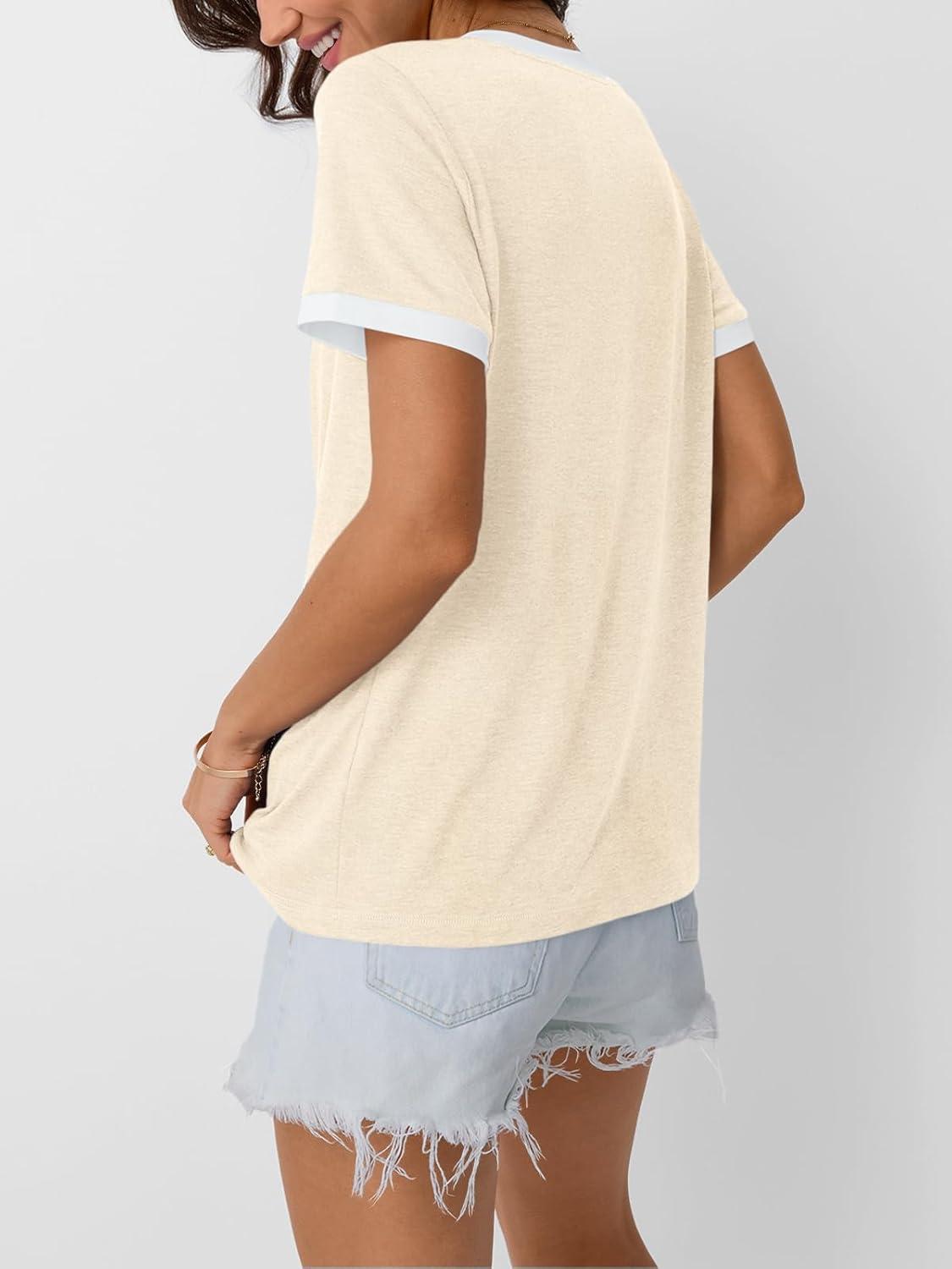 imageAUTOMET Womens Short Sleeve TShirts Summer Tops Casual Soft Tunic V Neck Basic Workout Clothes Spring Fashion Outfits 2025Cream