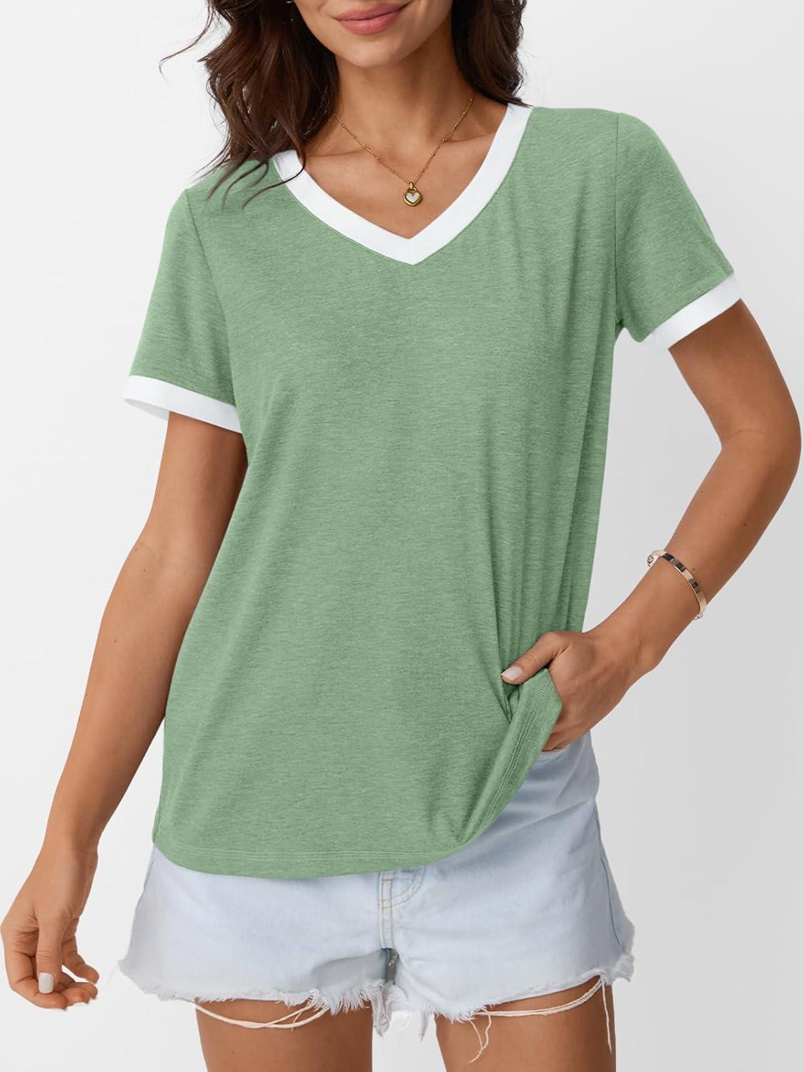 imageAUTOMET Womens Short Sleeve TShirts Summer Tops Casual Soft Tunic V Neck Basic Workout Clothes Spring Fashion Outfits 2025Green