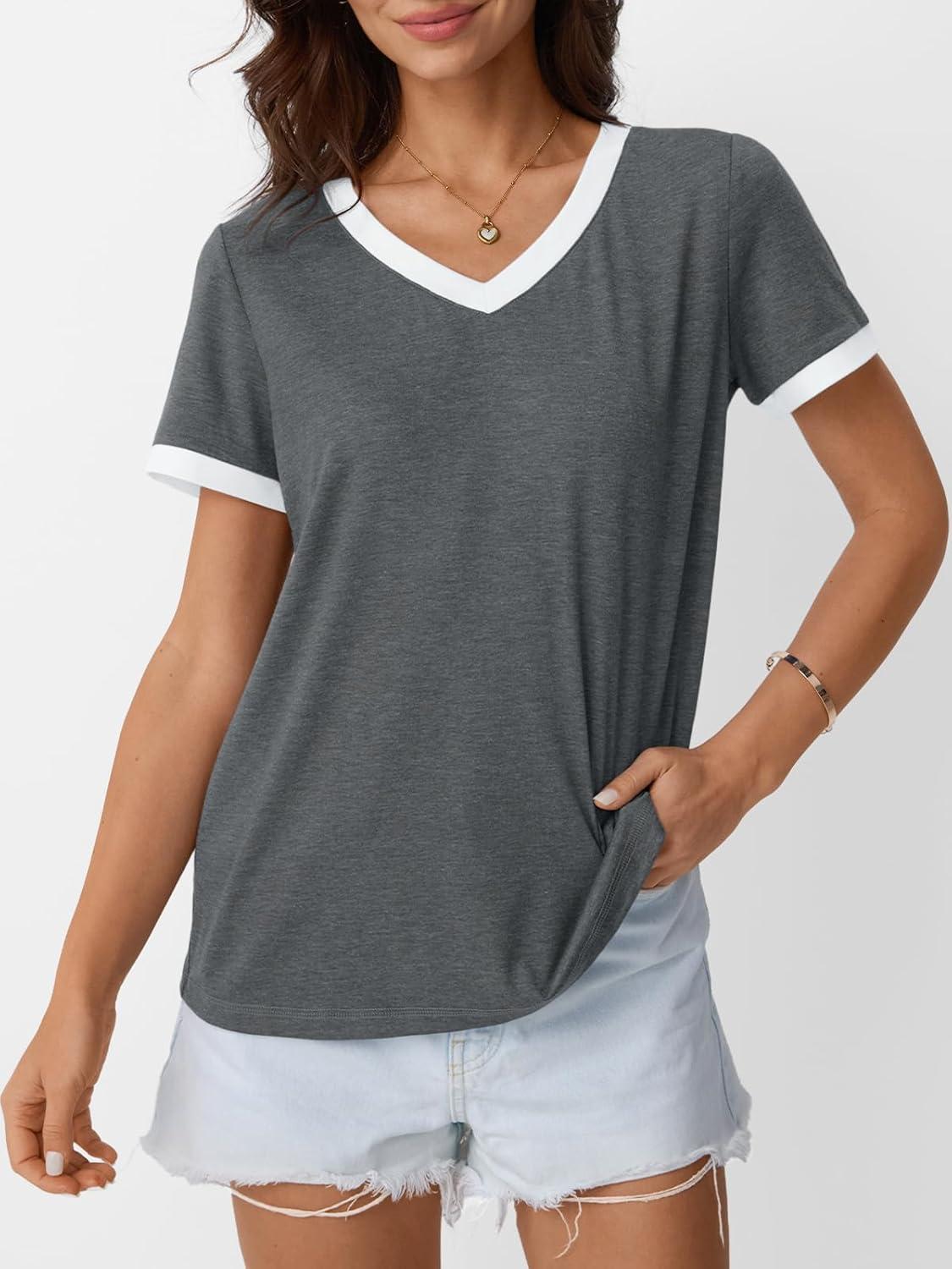 imageAUTOMET Womens Short Sleeve TShirts Summer Tops Casual Soft Tunic V Neck Basic Workout Clothes Spring Fashion Outfits 2025Grey