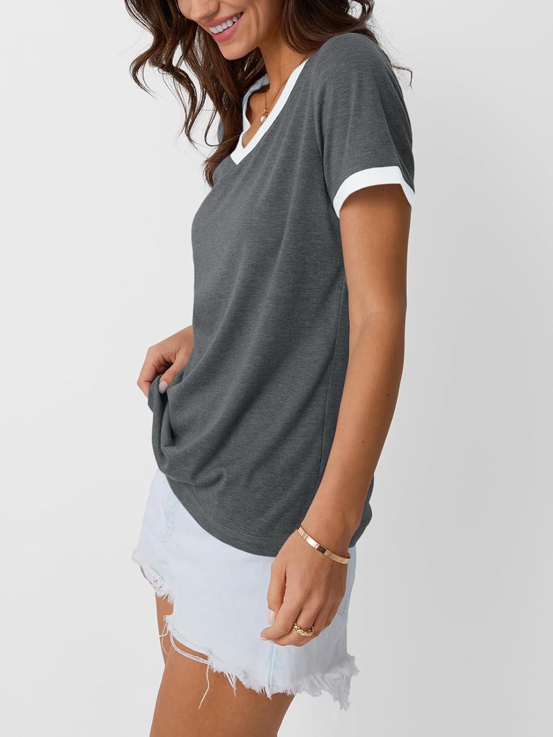 imageAUTOMET Womens Short Sleeve TShirts Summer Tops Casual Soft Tunic V Neck Basic Workout Clothes Spring Fashion Outfits 2025Grey