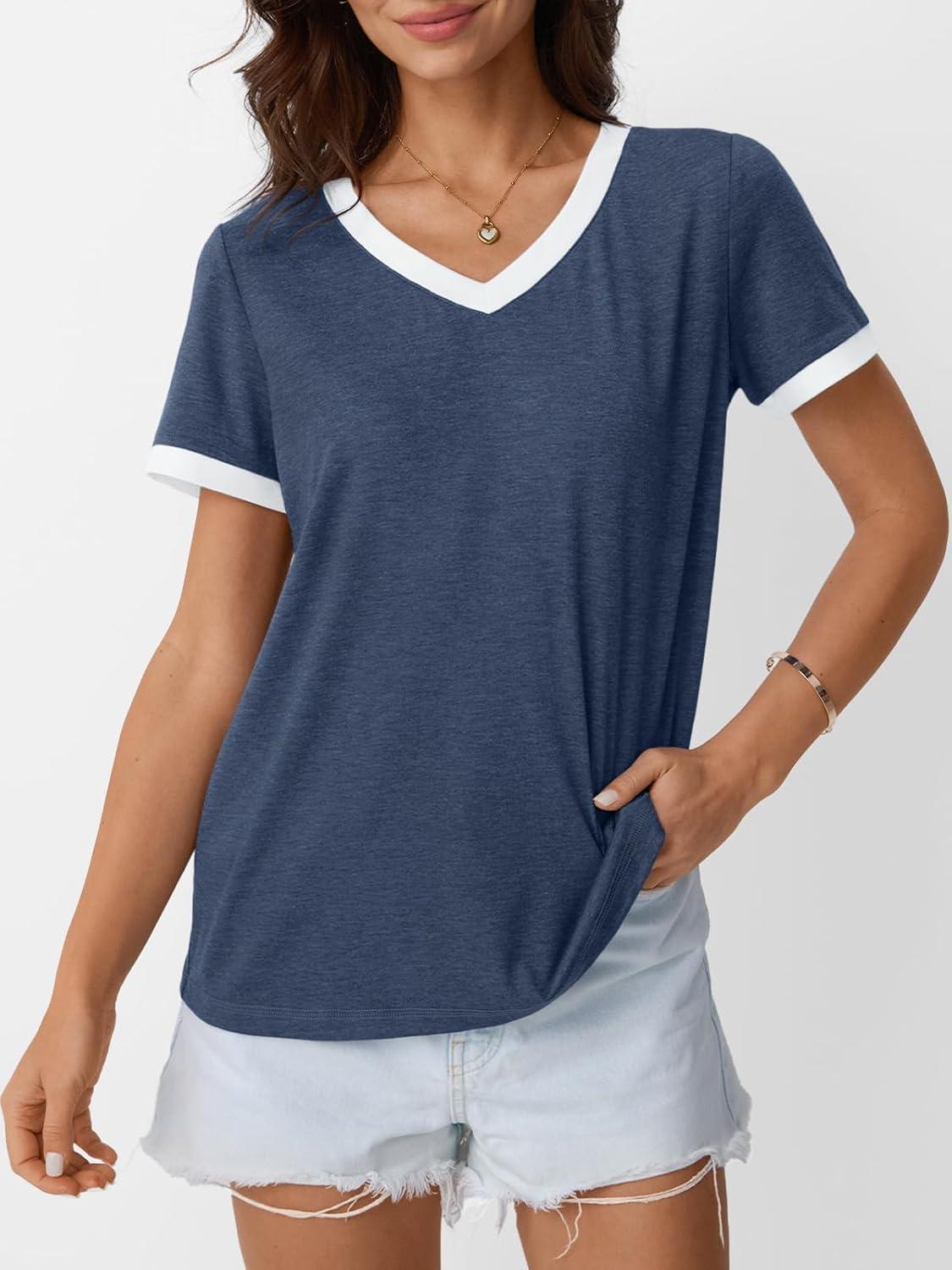 imageAUTOMET Womens Short Sleeve TShirts Summer Tops Casual Soft Tunic V Neck Basic Workout Clothes Spring Fashion Outfits 2025Navy