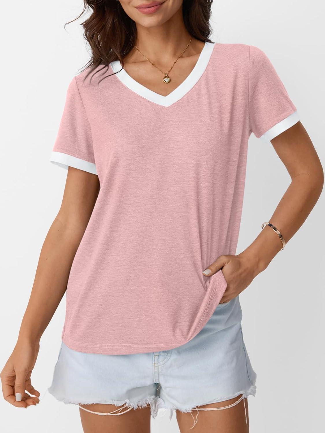 imageAUTOMET Womens Short Sleeve TShirts Summer Tops Casual Soft Tunic V Neck Basic Workout Clothes Spring Fashion Outfits 2025Pink