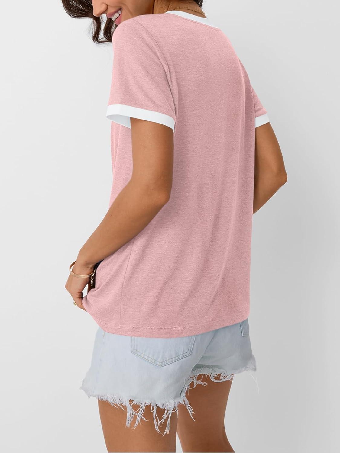 imageAUTOMET Womens Short Sleeve TShirts Summer Tops Casual Soft Tunic V Neck Basic Workout Clothes Spring Fashion Outfits 2025Pink