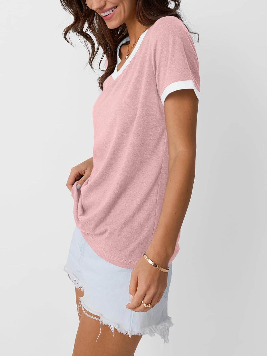 imageAUTOMET Womens Short Sleeve TShirts Summer Tops Casual Soft Tunic V Neck Basic Workout Clothes Spring Fashion Outfits 2025Pink