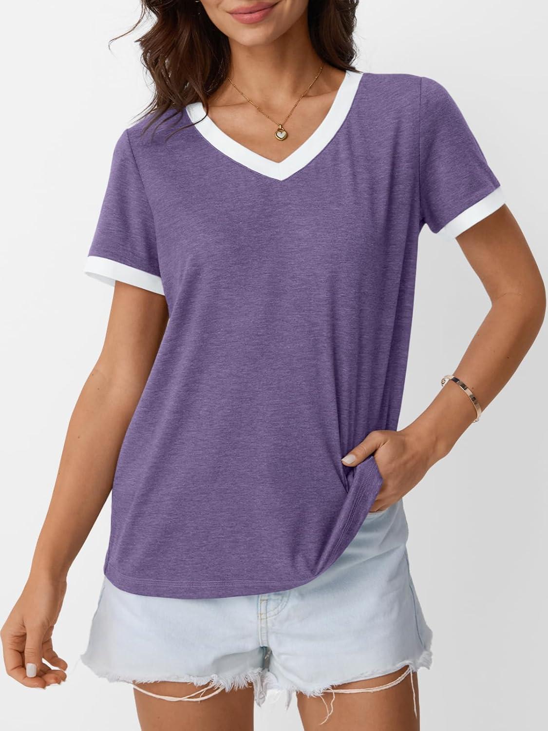 imageAUTOMET Womens Short Sleeve TShirts Summer Tops Casual Soft Tunic V Neck Basic Workout Clothes Spring Fashion Outfits 2025Purple