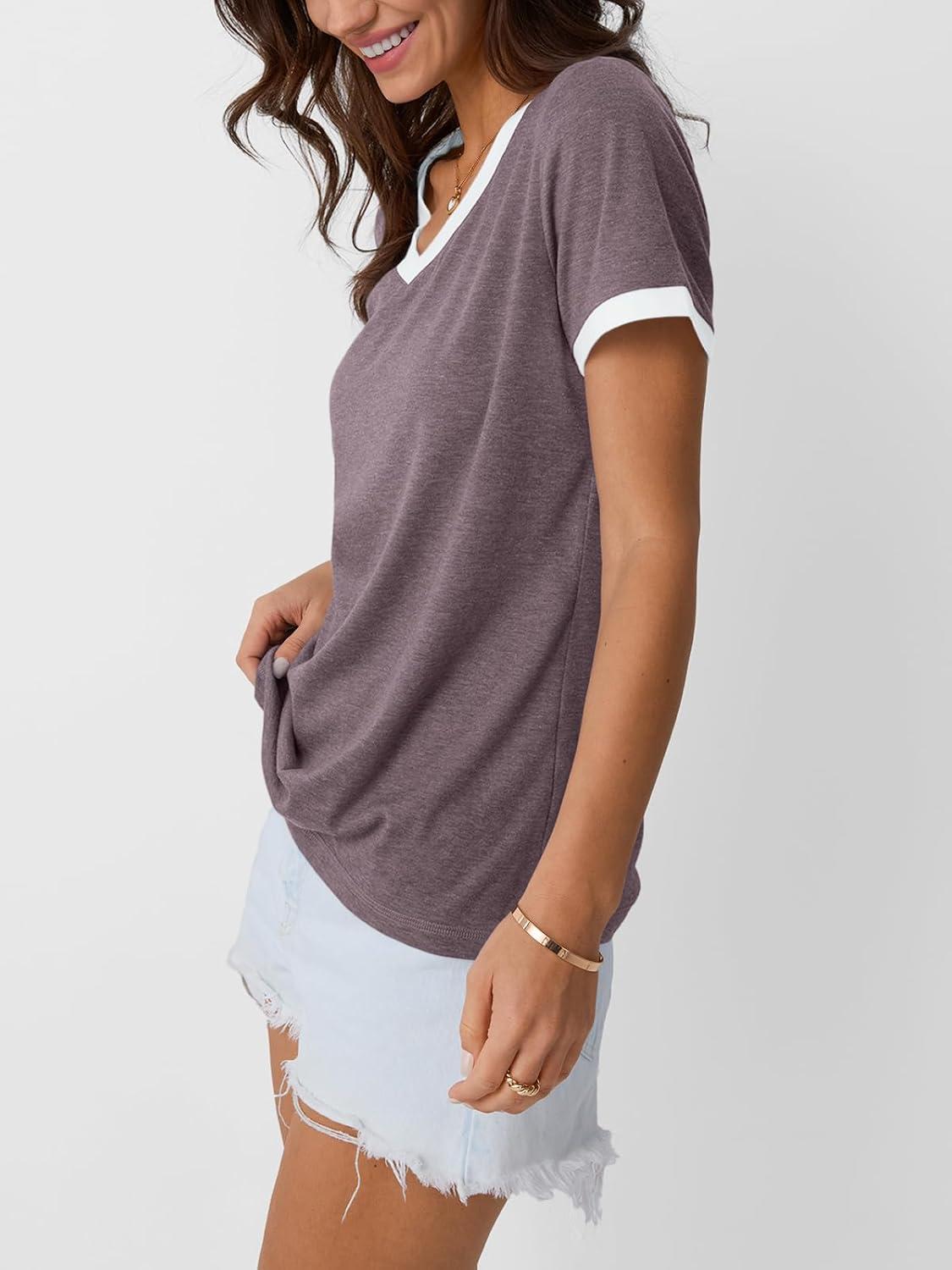 imageAUTOMET Womens Short Sleeve TShirts Summer Tops Casual Soft Tunic V Neck Basic Workout Clothes Spring Fashion Outfits 2025Purplegrey