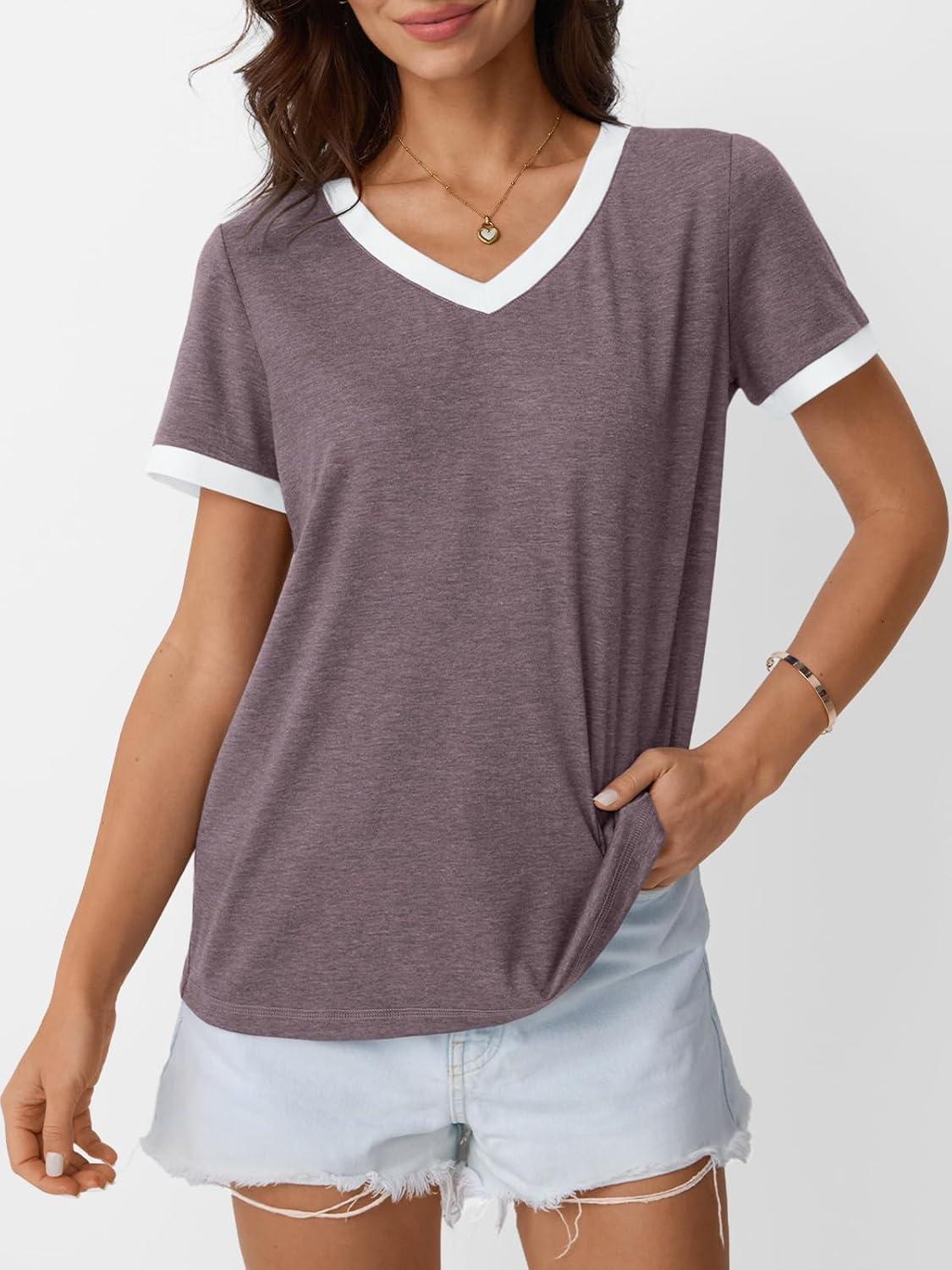 imageAUTOMET Womens Short Sleeve TShirts Summer Tops Casual Soft Tunic V Neck Basic Workout Clothes Spring Fashion Outfits 2025Purplegrey
