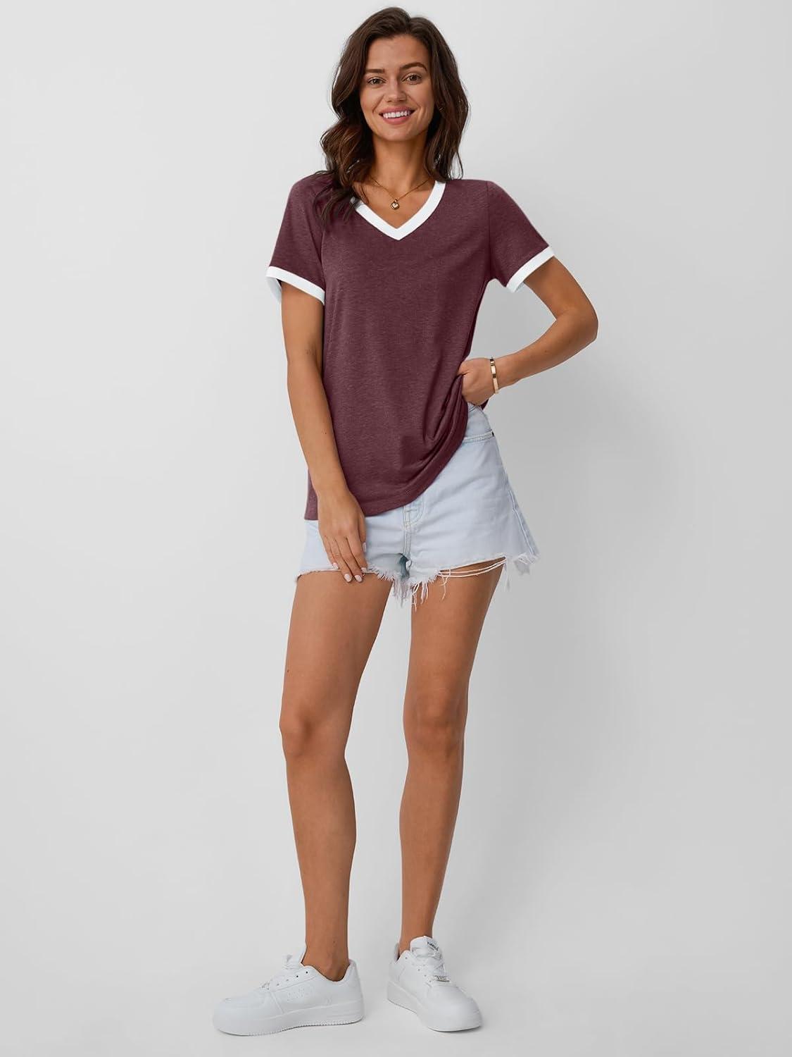 imageAUTOMET Womens Short Sleeve TShirts Summer Tops Casual Soft Tunic V Neck Basic Workout Clothes Spring Fashion Outfits 2025Winered