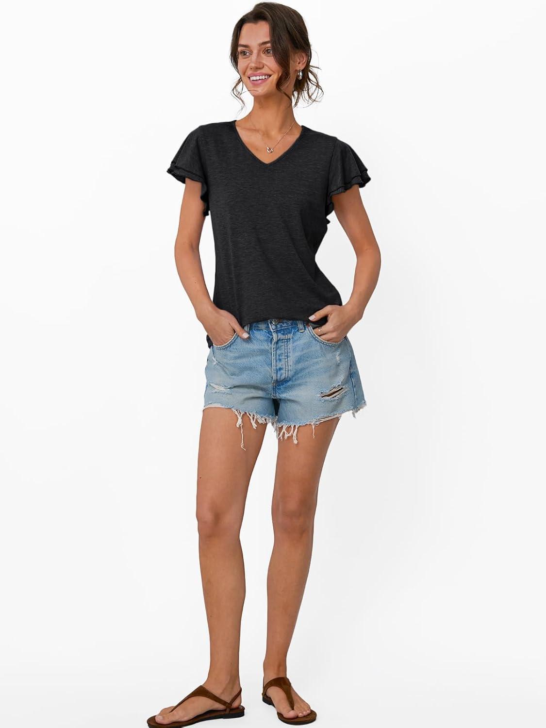 imageAUTOMET Womens Short Sleeve TShirts V Neck Tops Summer Fashion Dressy Casual Basic Ruffle Blouse Soft 2025 Spring ClothesBlack