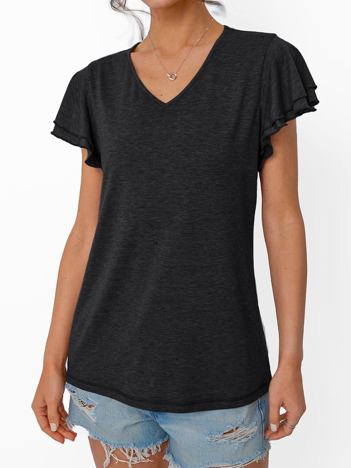 imageAUTOMET Womens Short Sleeve TShirts V Neck Tops Summer Fashion Dressy Casual Basic Ruffle Blouse Soft 2025 Spring ClothesBlack