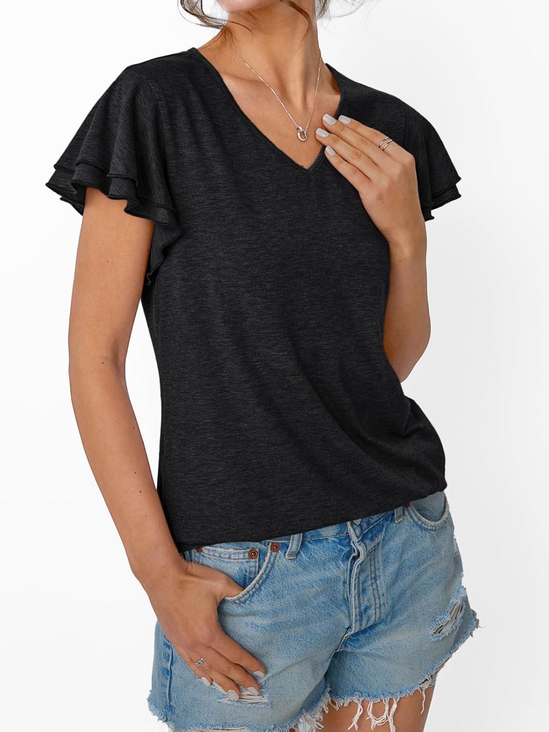 imageAUTOMET Womens Short Sleeve TShirts V Neck Tops Summer Fashion Dressy Casual Basic Ruffle Blouse Soft 2025 Spring ClothesBlack