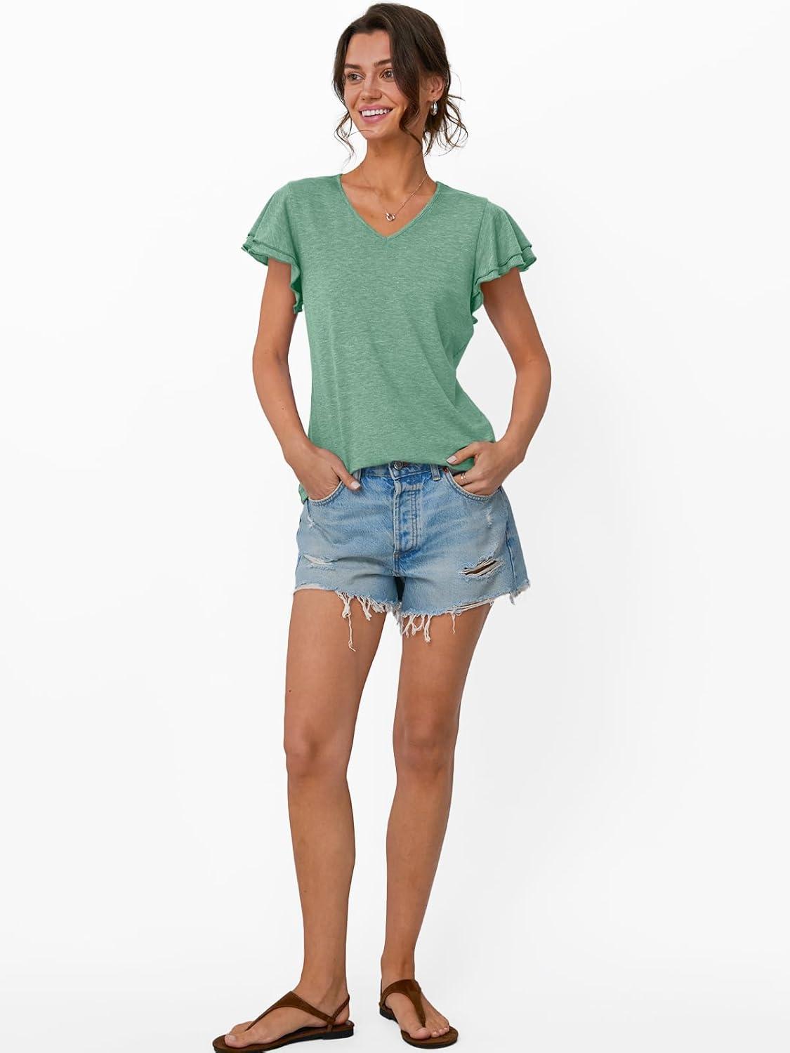 imageAUTOMET Womens Short Sleeve TShirts V Neck Tops Summer Fashion Dressy Casual Basic Ruffle Blouse Soft 2025 Spring ClothesGreen