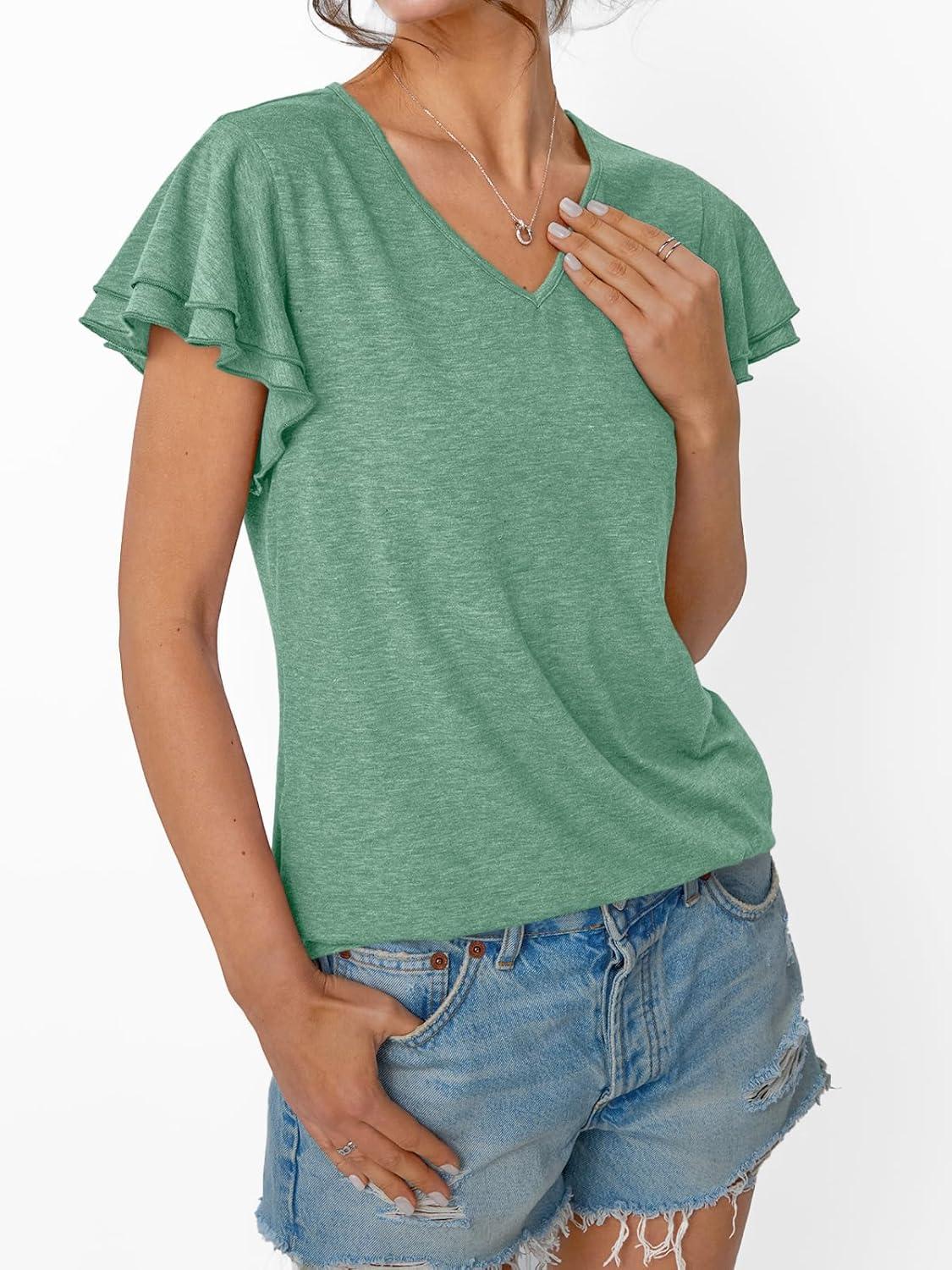 imageAUTOMET Womens Short Sleeve TShirts V Neck Tops Summer Fashion Dressy Casual Basic Ruffle Blouse Soft 2025 Spring ClothesGreen