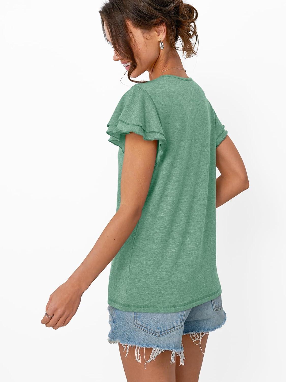 imageAUTOMET Womens Short Sleeve TShirts V Neck Tops Summer Fashion Dressy Casual Basic Ruffle Blouse Soft 2025 Spring ClothesGreen