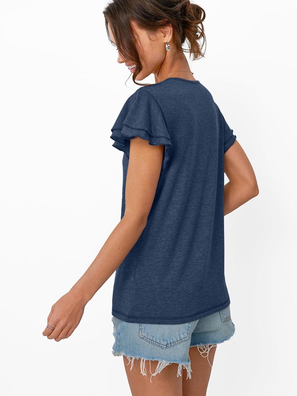 imageAUTOMET Womens Short Sleeve TShirts V Neck Tops Summer Fashion Dressy Casual Basic Ruffle Blouse Soft 2025 Spring ClothesNavy
